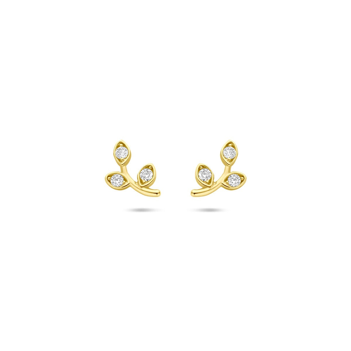 Pendientes de oro amarillo de 14k con diseño de ramas y circonitas brillantes.