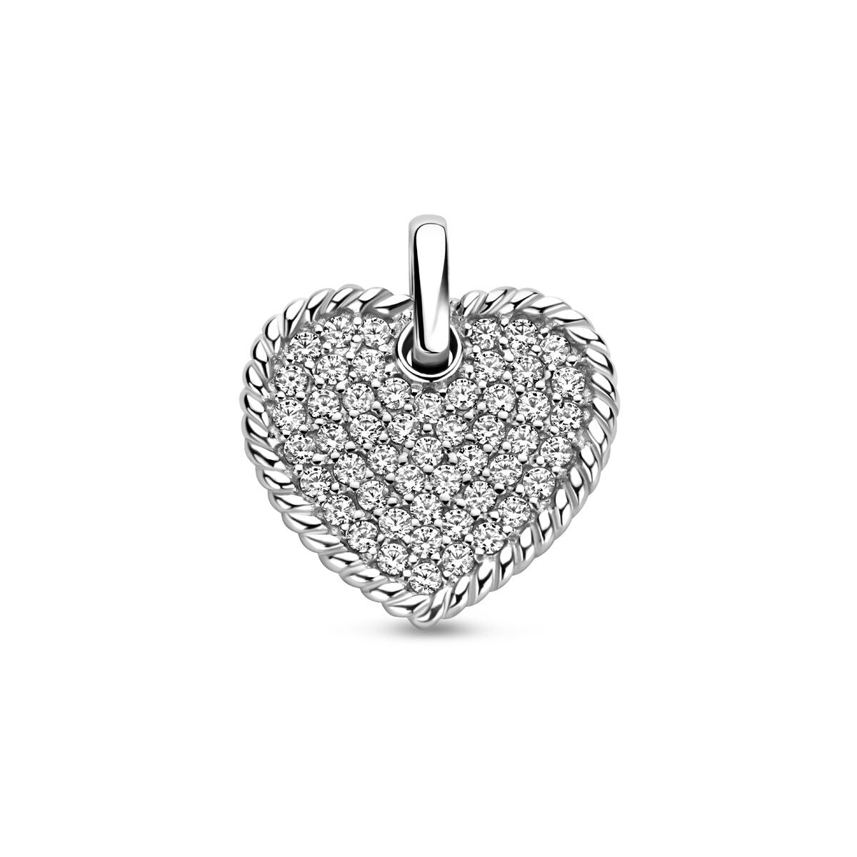 Colgante en forma de corazón plateado con zircón, decorado con un diseño trenzado.