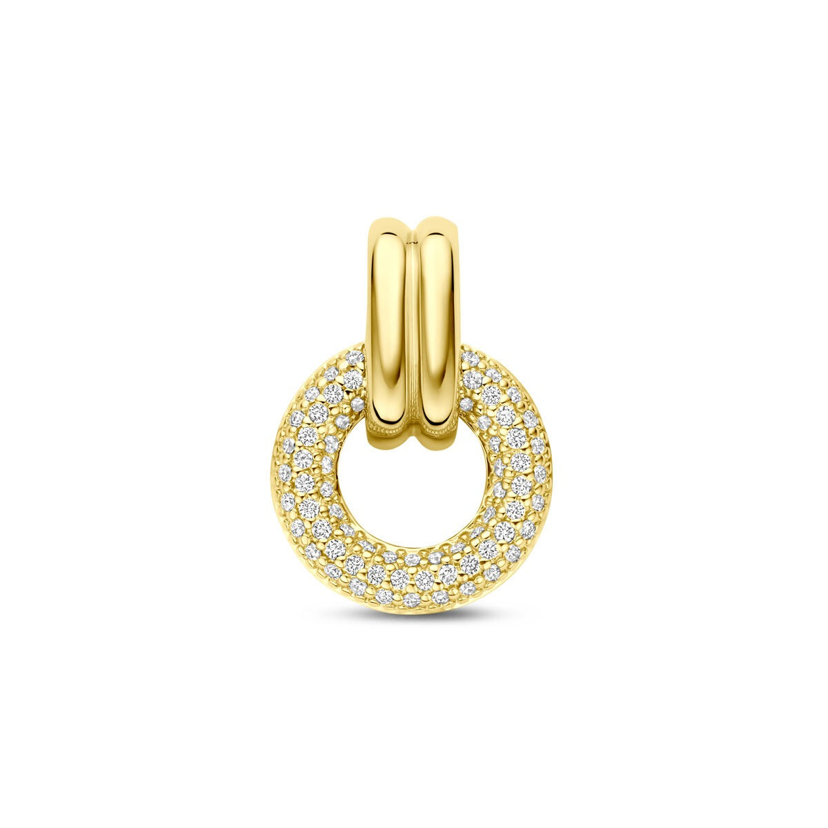 Colgante de oro amarillo de 14k con diamantes, forma circular y detalle brillante.