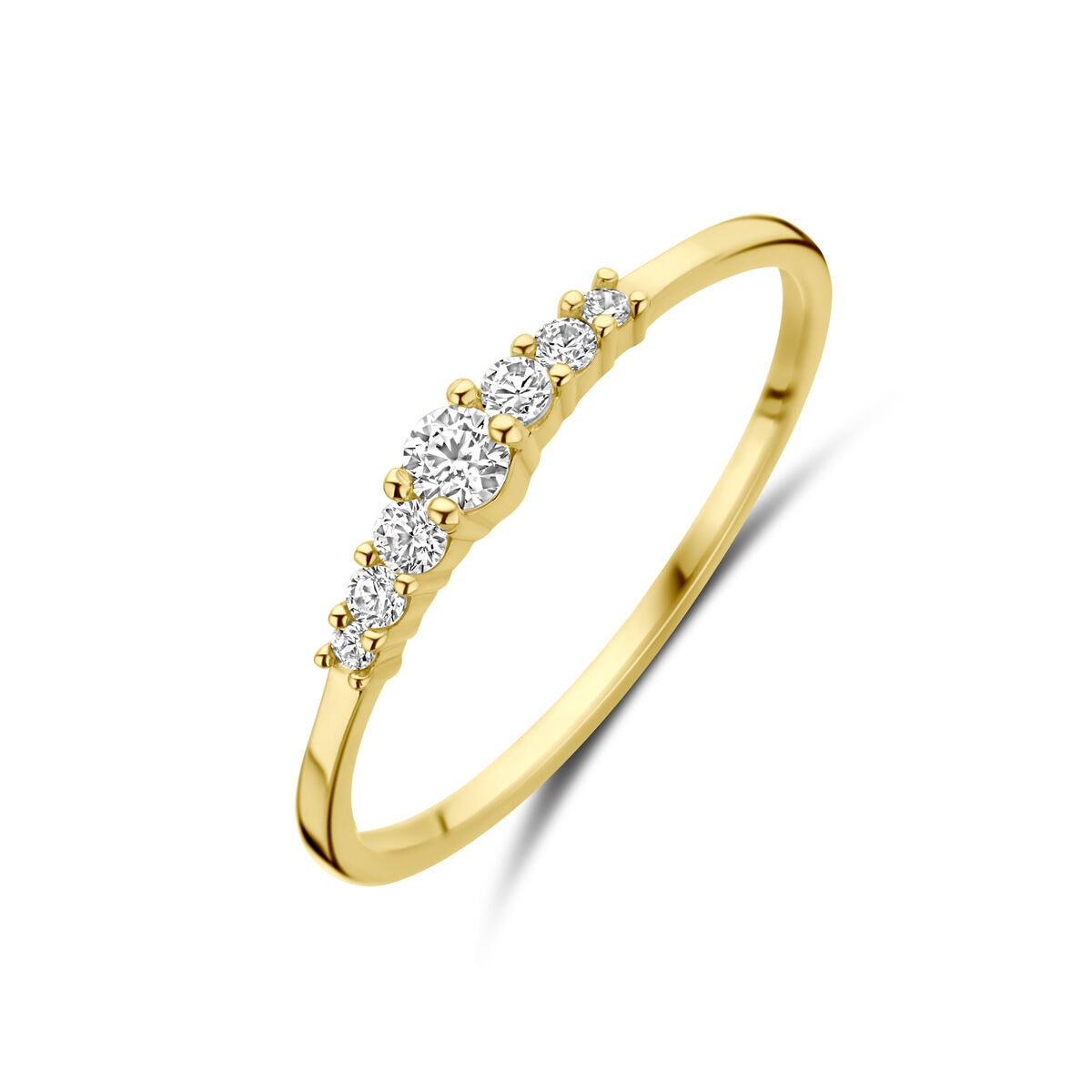 Anillo de oro amarillo de 9 quilates con circonitas brillantes en forma de línea.