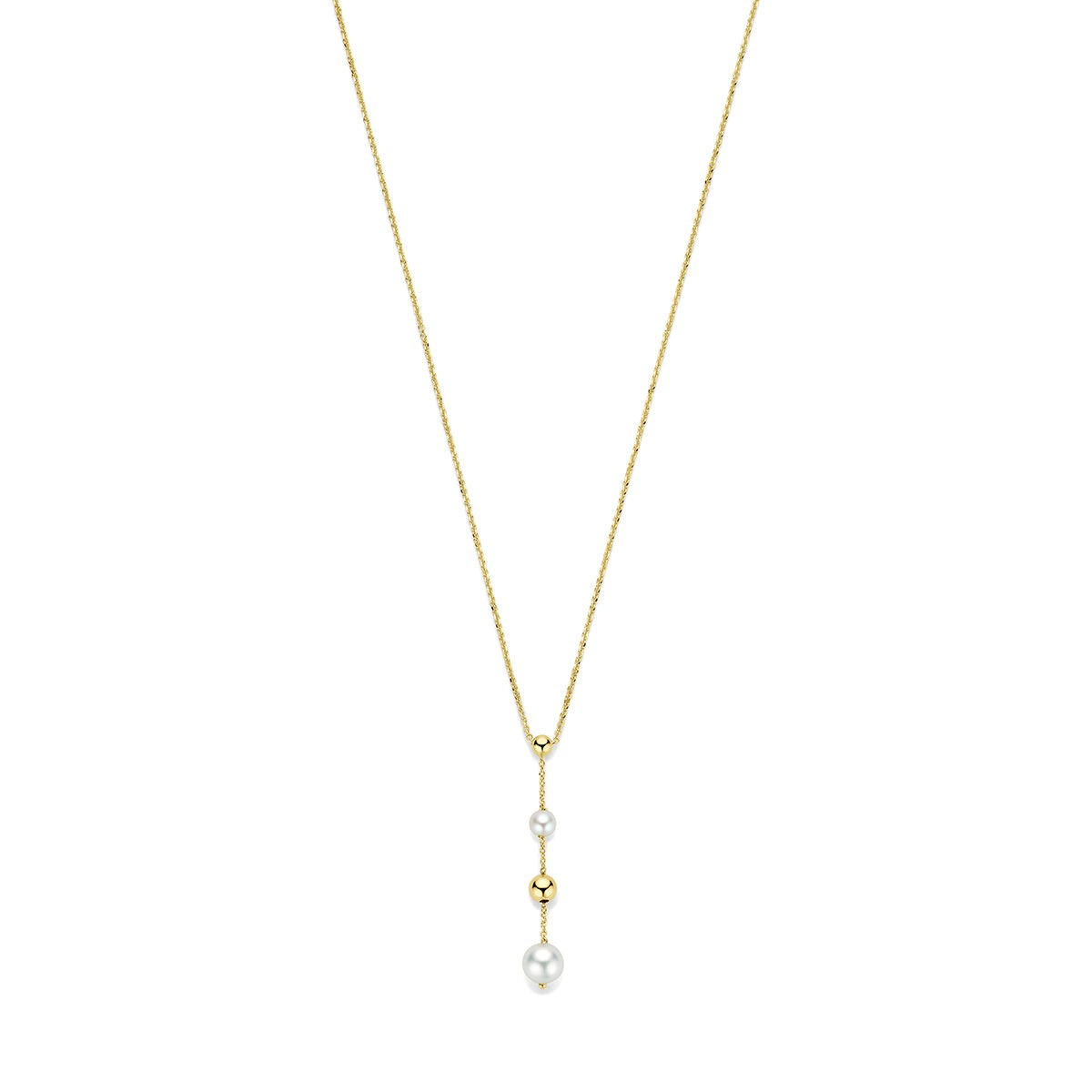 Geelgouden Y-collier met een combinatie van parels en bolletjes, hangend aan een fijne ketting.