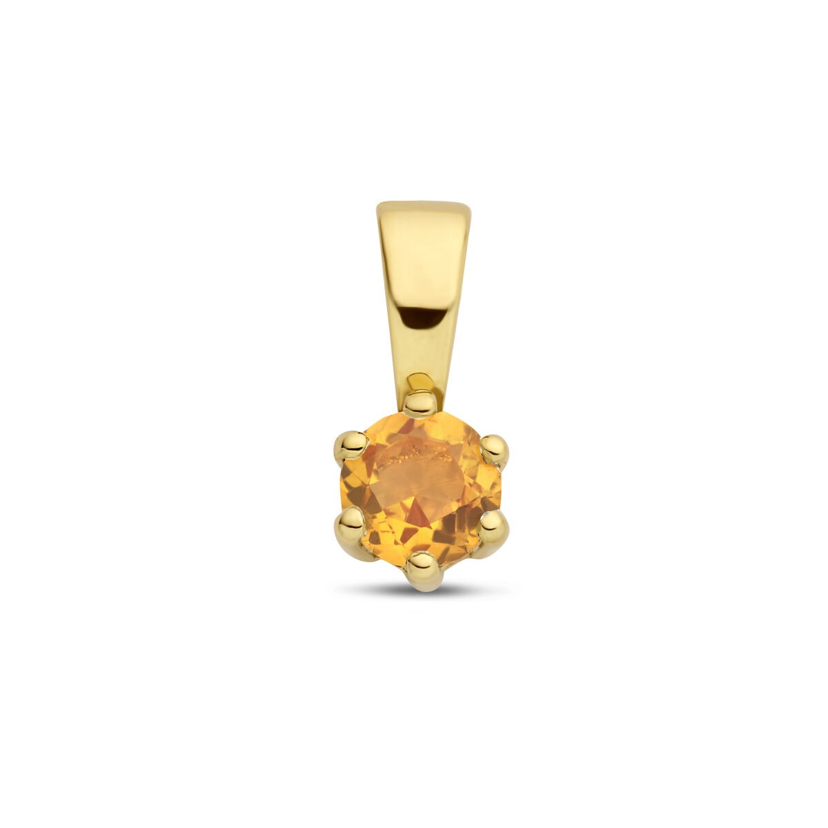 Colgante de oro amarillo de 14k con citrino, forma redonda y engaste de seis garras.