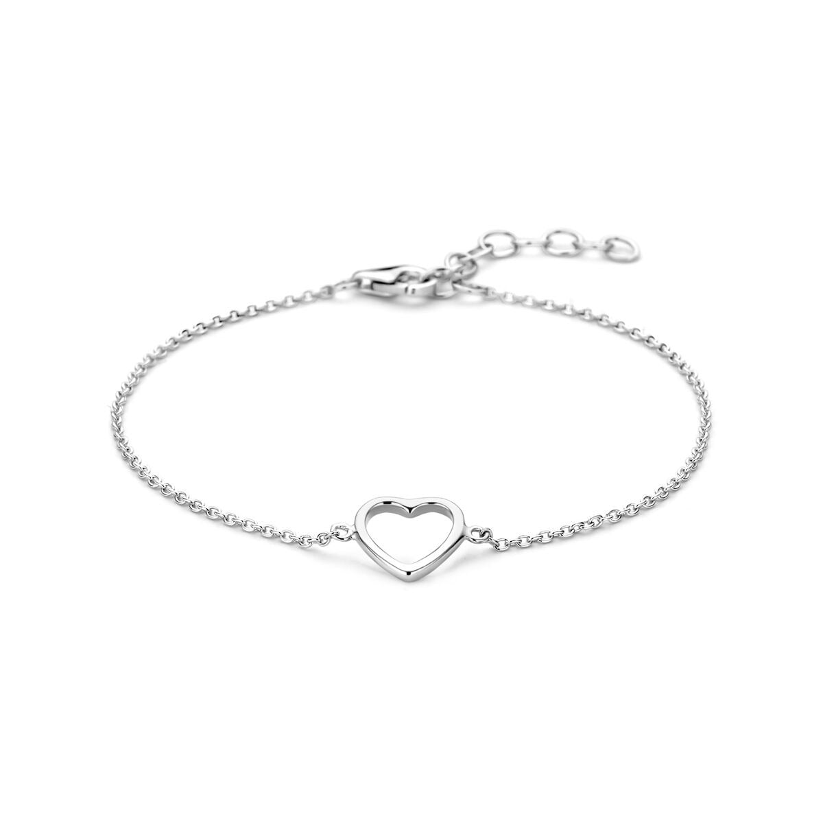 Pulsera de plata rodiada con un corazón abierto en el centro.