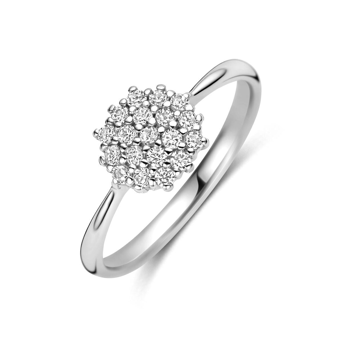 Anillo de plata 925 rodiada con zirconias en forma de esfera.