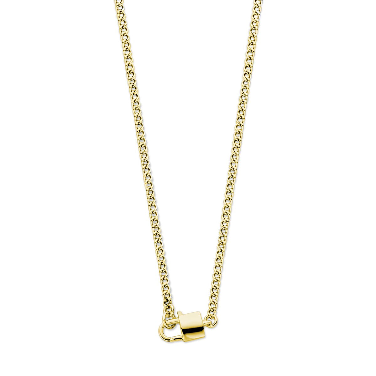 Collar dorado de plata con un colgante de cierre, cadena fina y brillante.