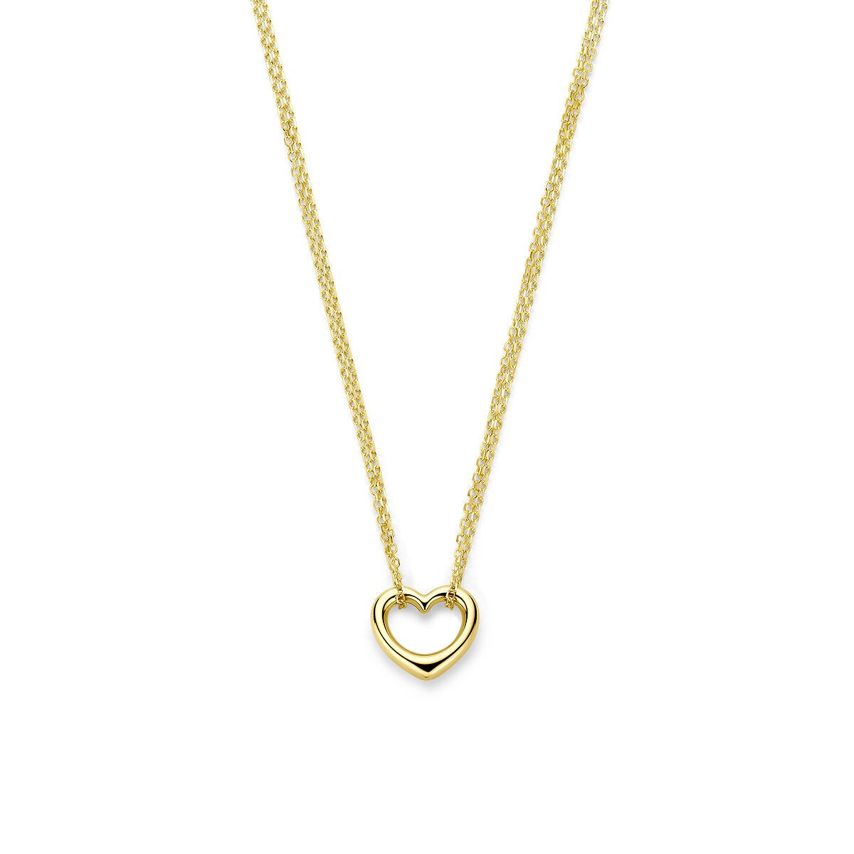 Geelgouden collier met een open hartje als hanger aan een fijne schakelketting.