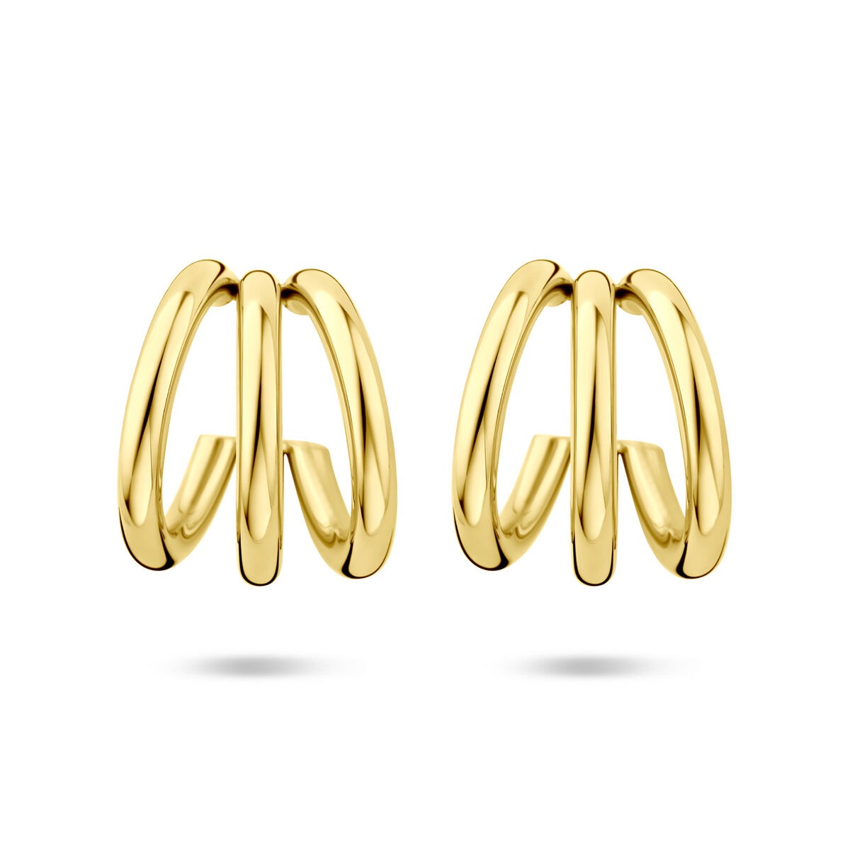 Pendientes de aro dorados de acero con ion plating, de 21x18 mm, con diseño de tres bandas.