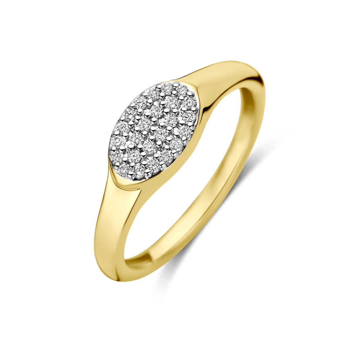 Anillo de oro amarillo de 14k con diamantes lab-grown en forma ovalada.