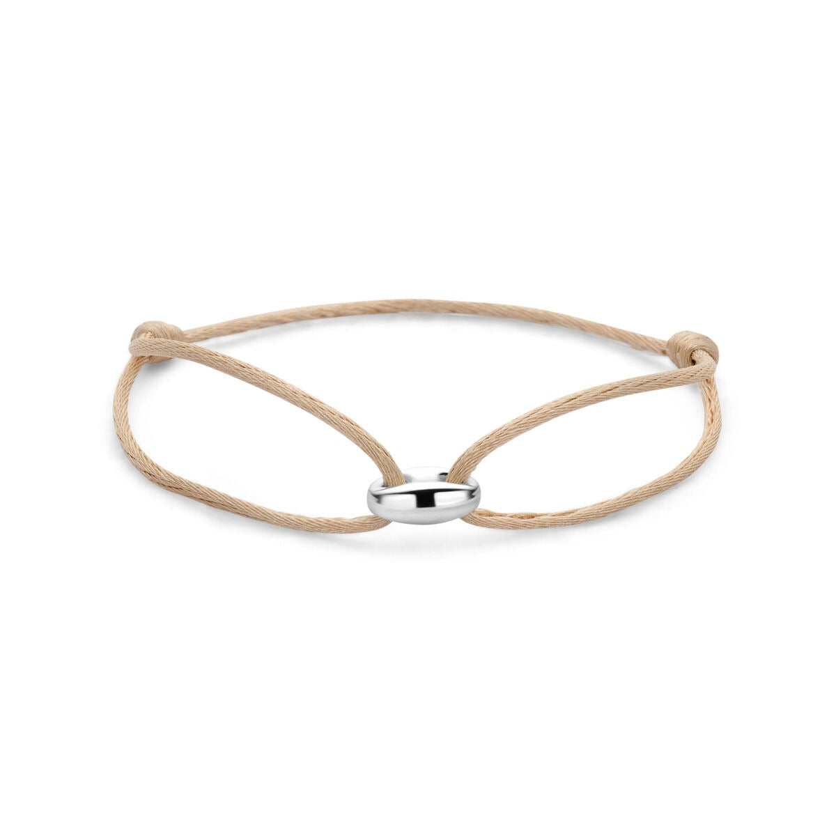 Pulsera de satén beige con una bola de café plateada.