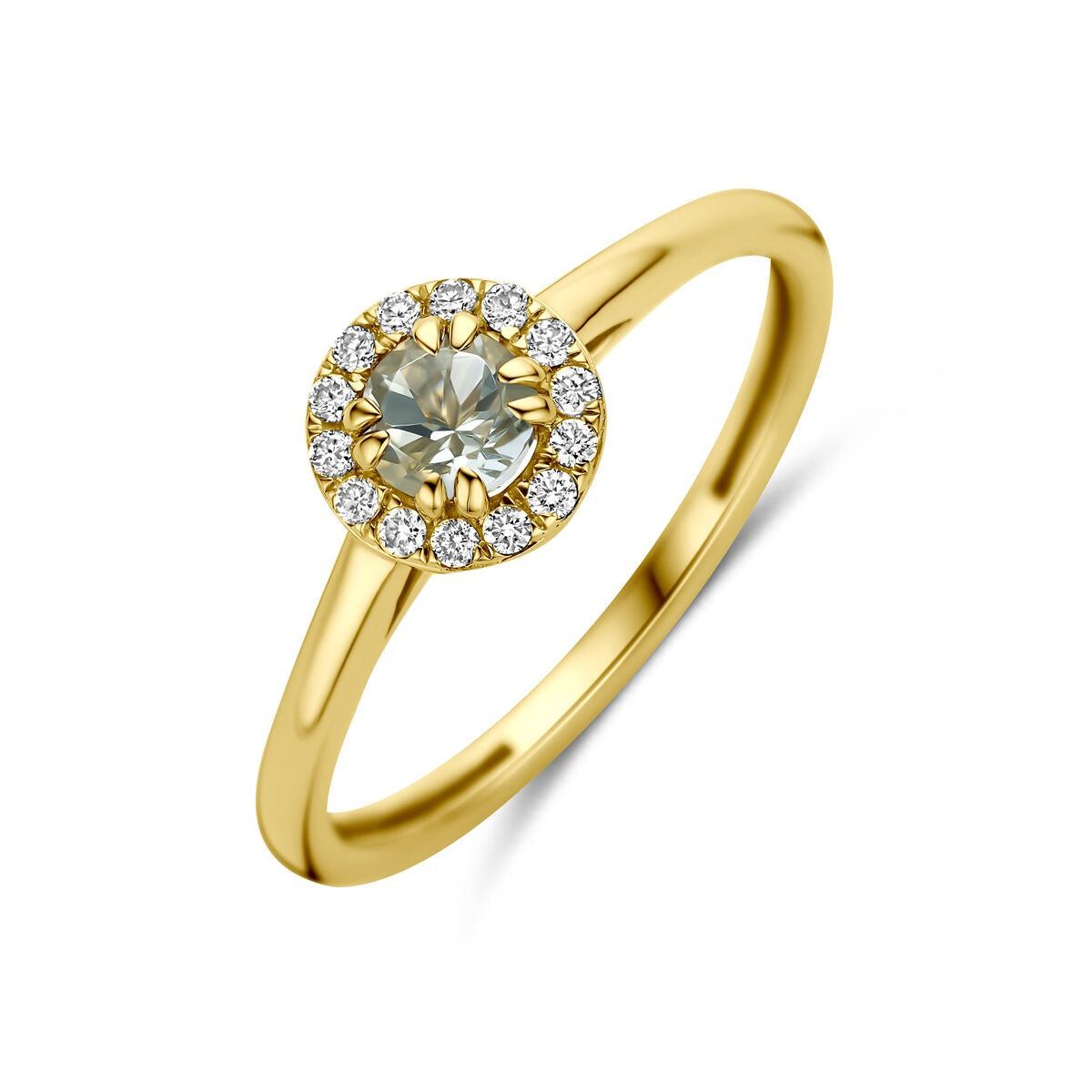 Anillo de oro amarillo de 14k con amatista verde y diamantes cultivados en laboratorio.