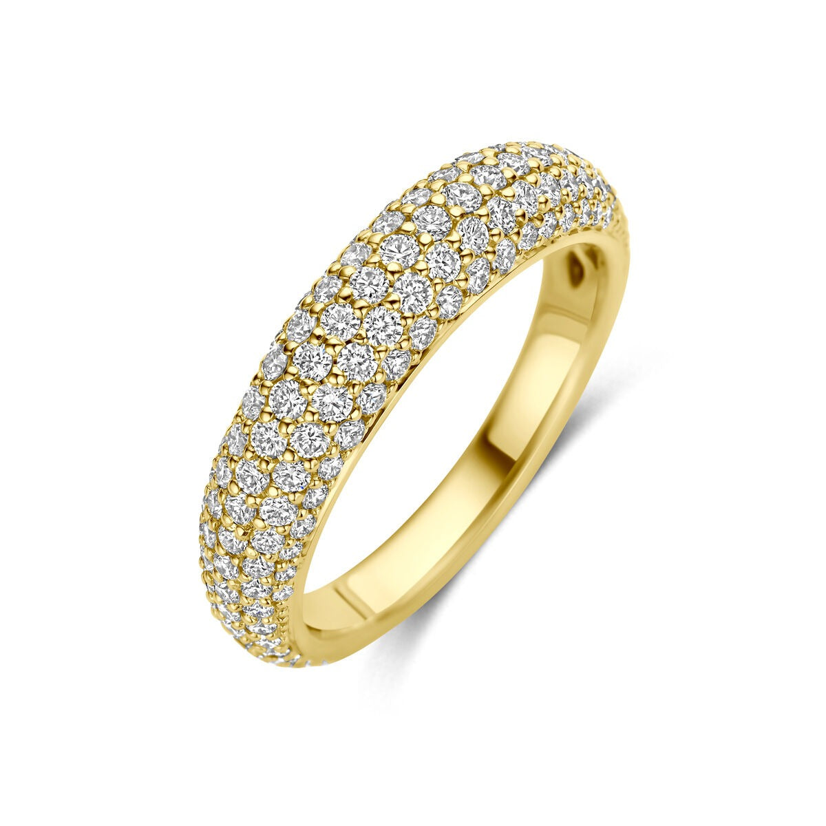 Anillo de oro amarillo de 14k con diamantes engastados en toda su superficie.
