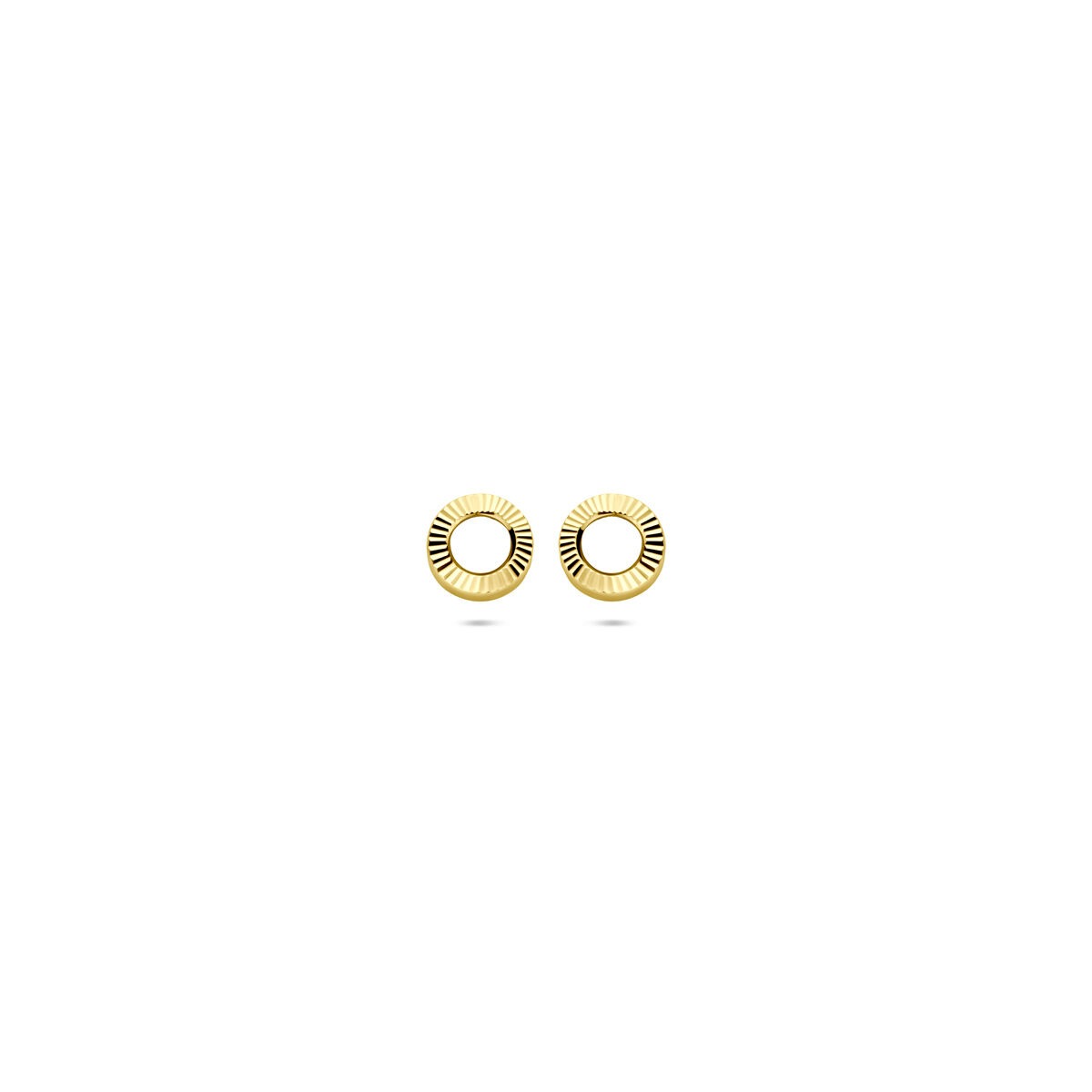 Pendientes de oro amarillo de 14k, redondos, con un diámetro de 4.5 mm y diseño texturizado.