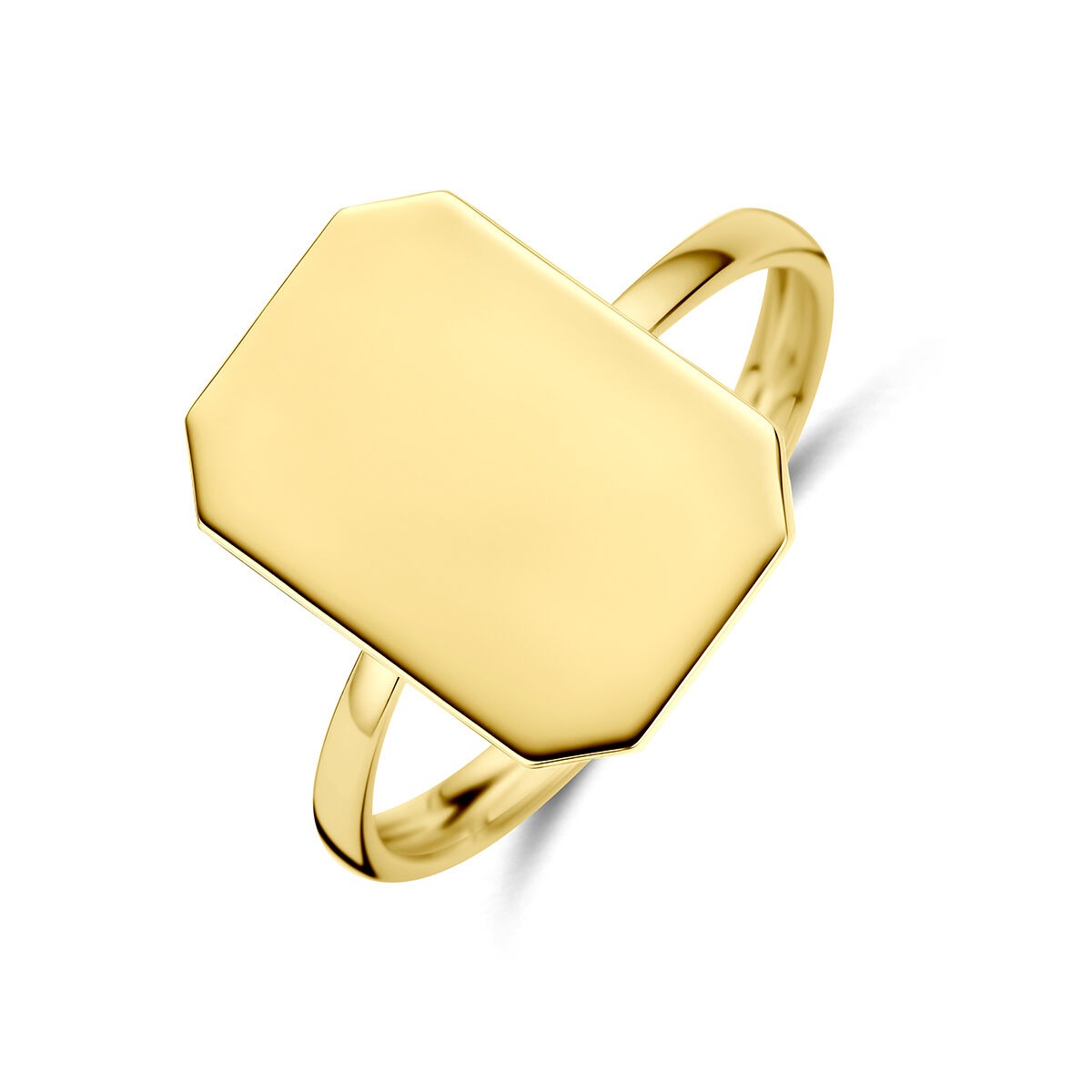 Anillo de grabado en oro amarillo de 14 quilates con forma octagonal y acabado pulido.