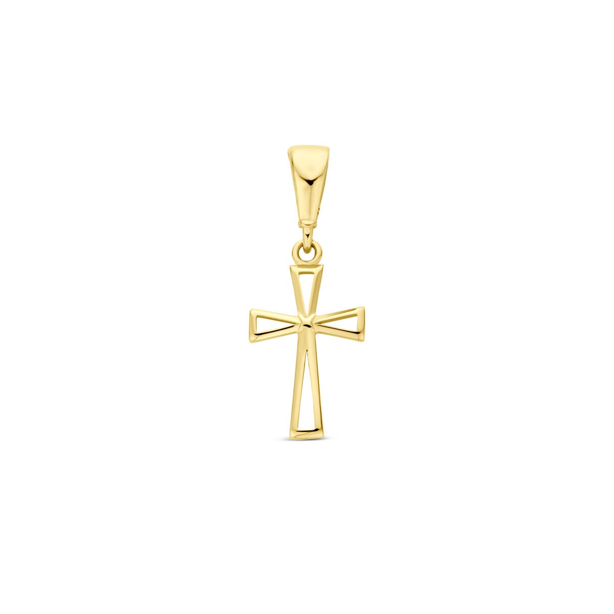Colgante de cruz en oro amarillo de 14 quilates con diseño geométrico.