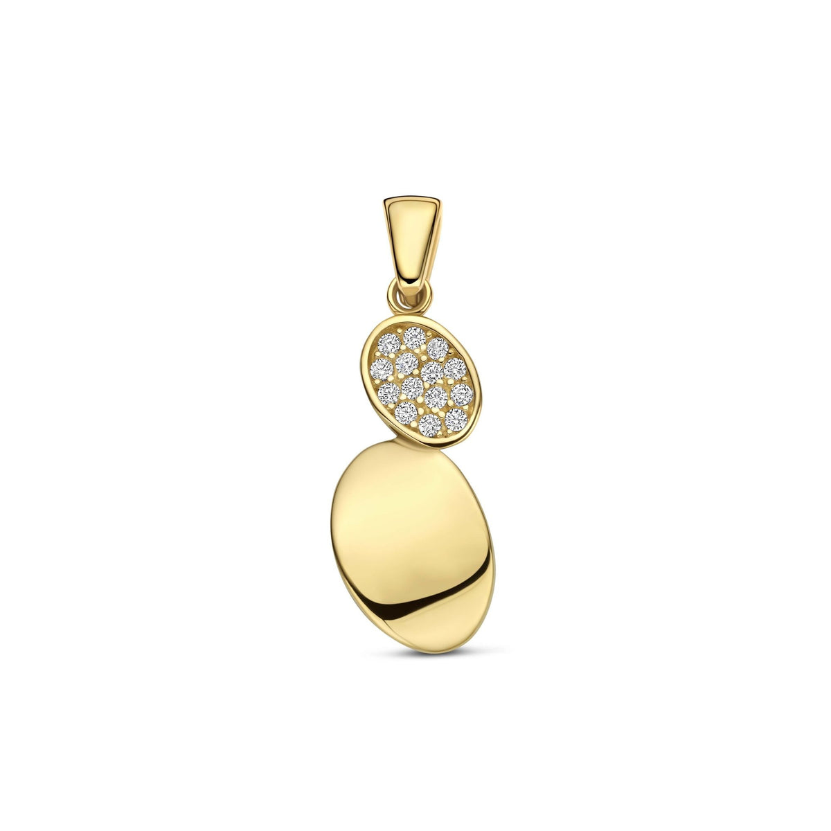 Colgante de oro amarillo de 9 quilates con zircón, con forma ovalada y detalles brillantes.