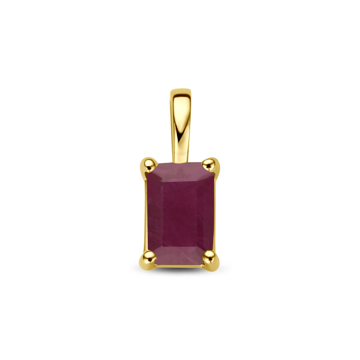 Colgante de oro amarillo de 14k con un rubí rectangular engastado.