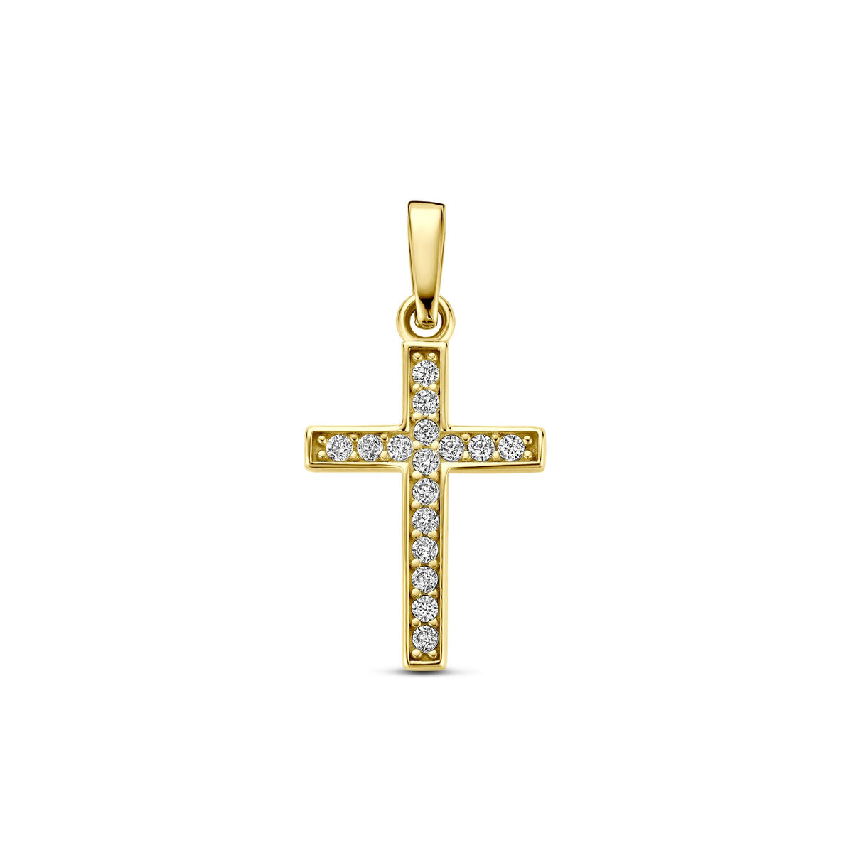 Colgante de cruz en oro amarillo de 9 quilates con zirconias brillantes.