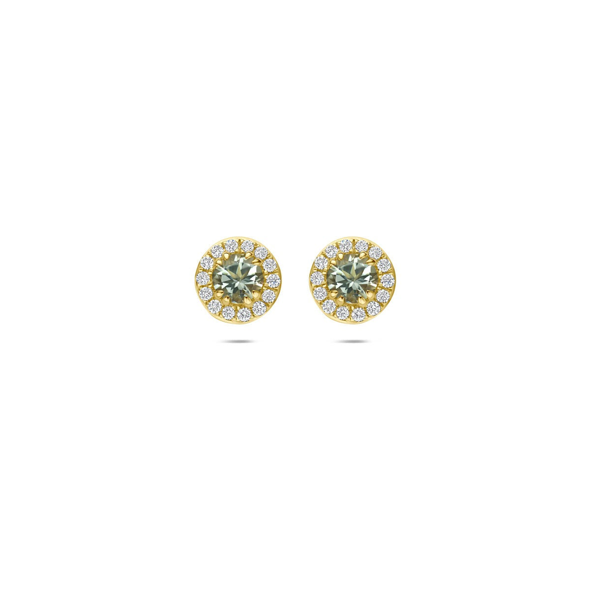 Pendientes de oro amarillo de 14k con amatista verde y diamantes cultivados en laboratorio.