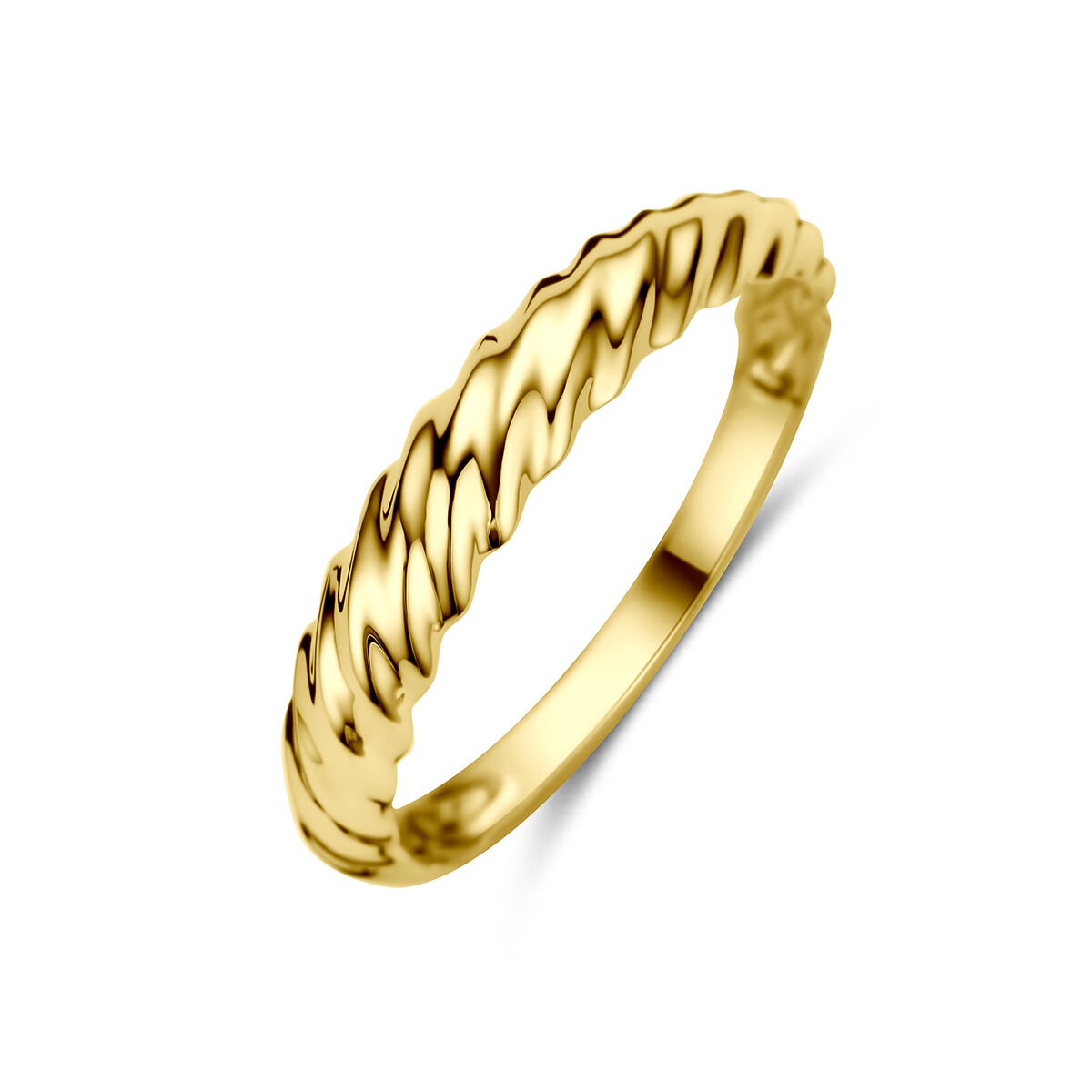Anillo de oro amarillo trenzado con un diseño ondulado y brillante.