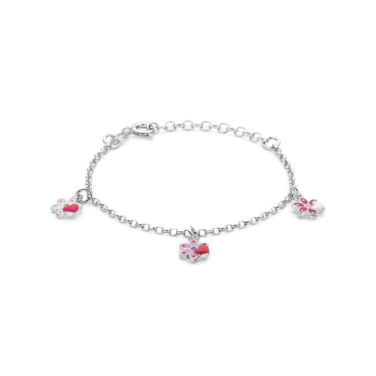 Pulsera de plata 925 rodiada con flores de esmalte en tonos rosa y detalles brillantes.