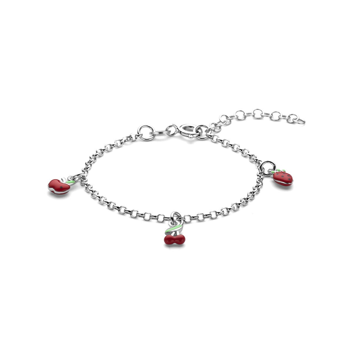 Pulsera infantil de plata rodiada 925 con charms de frutas en forma de cerezas.