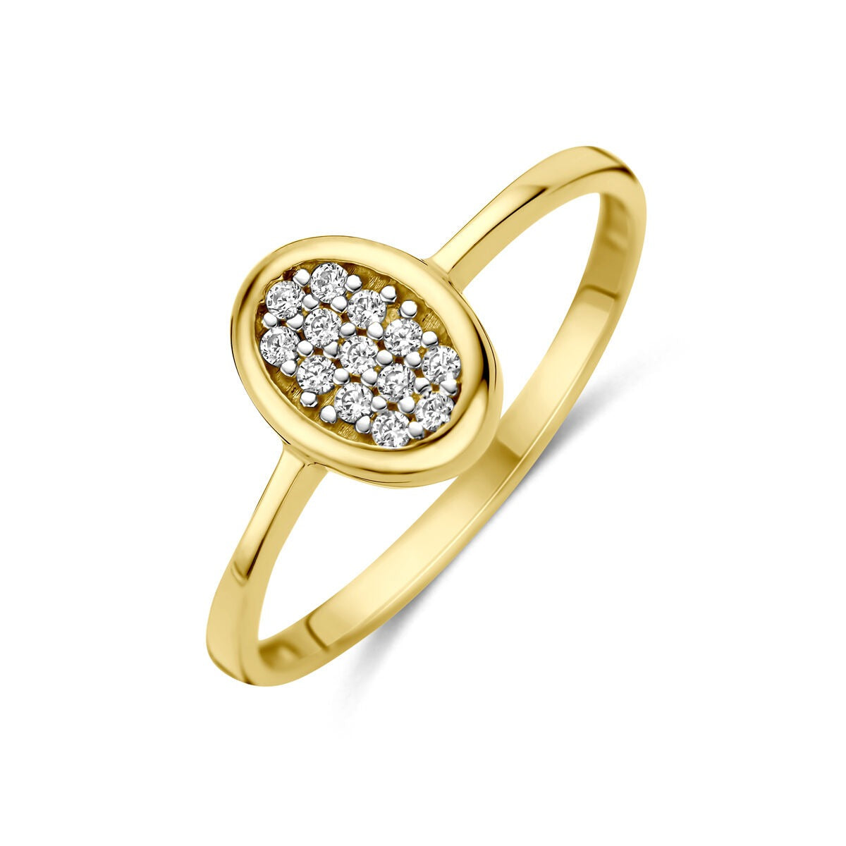 Anillo de oro amarillo de 14k con zircón ovalado y pavé de piedras brillantes.