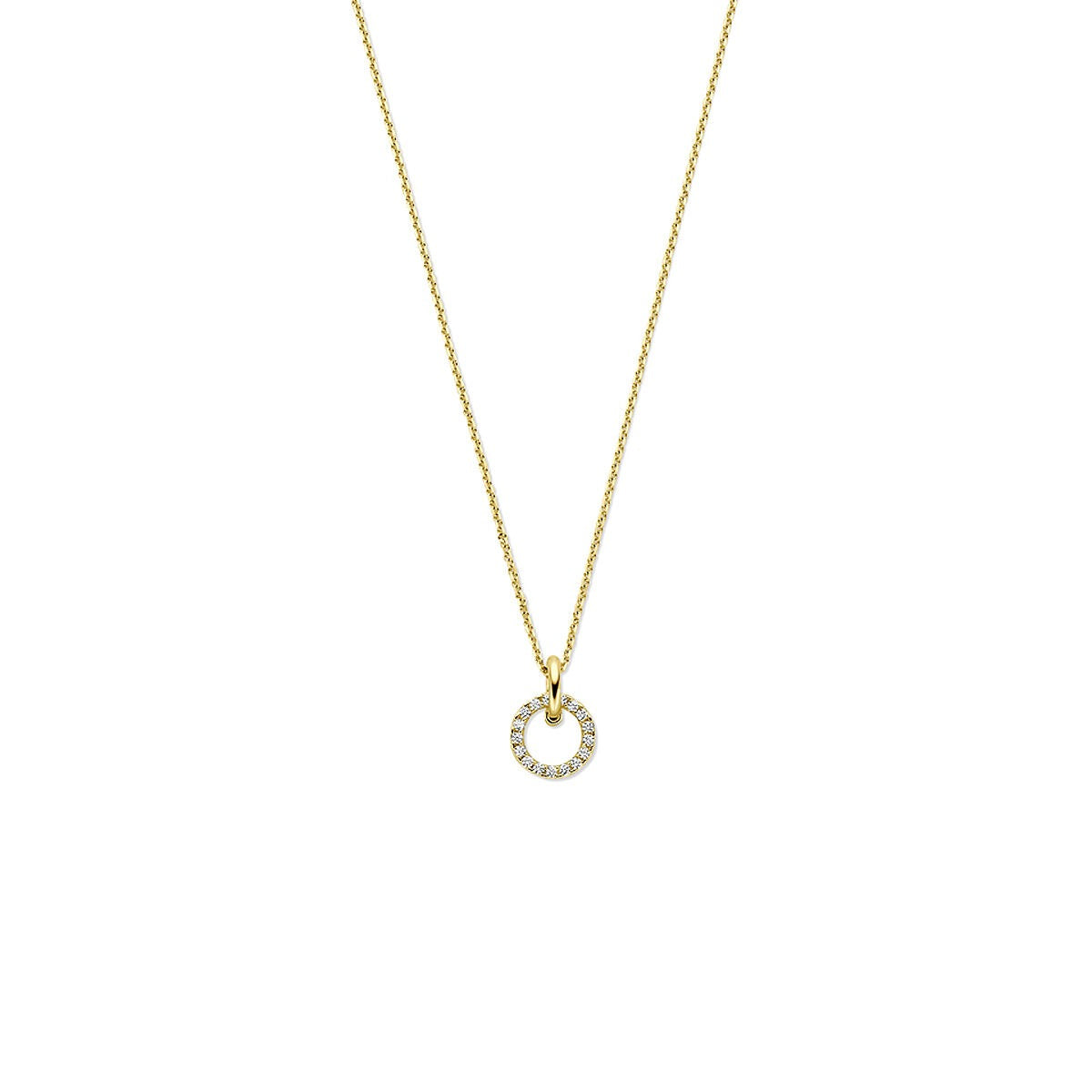 Collar de oro de 14k con zircón en engaste pavé y colgante circular.