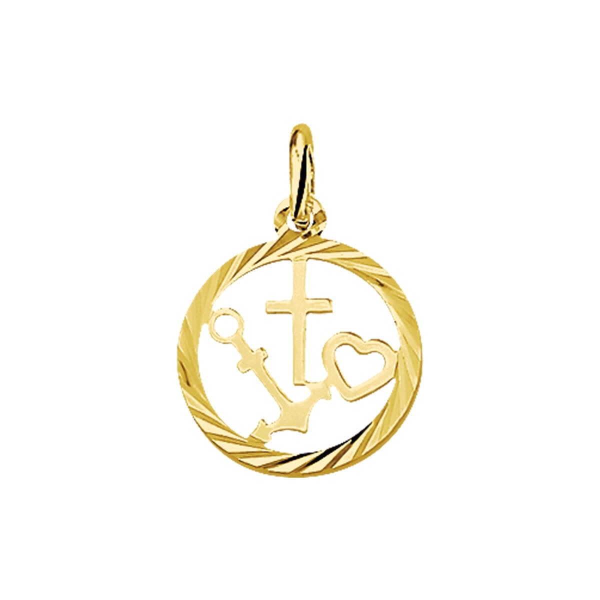 Colgante redondo de oro amarillo de 9k con símbolos de fe, esperanza y amor.