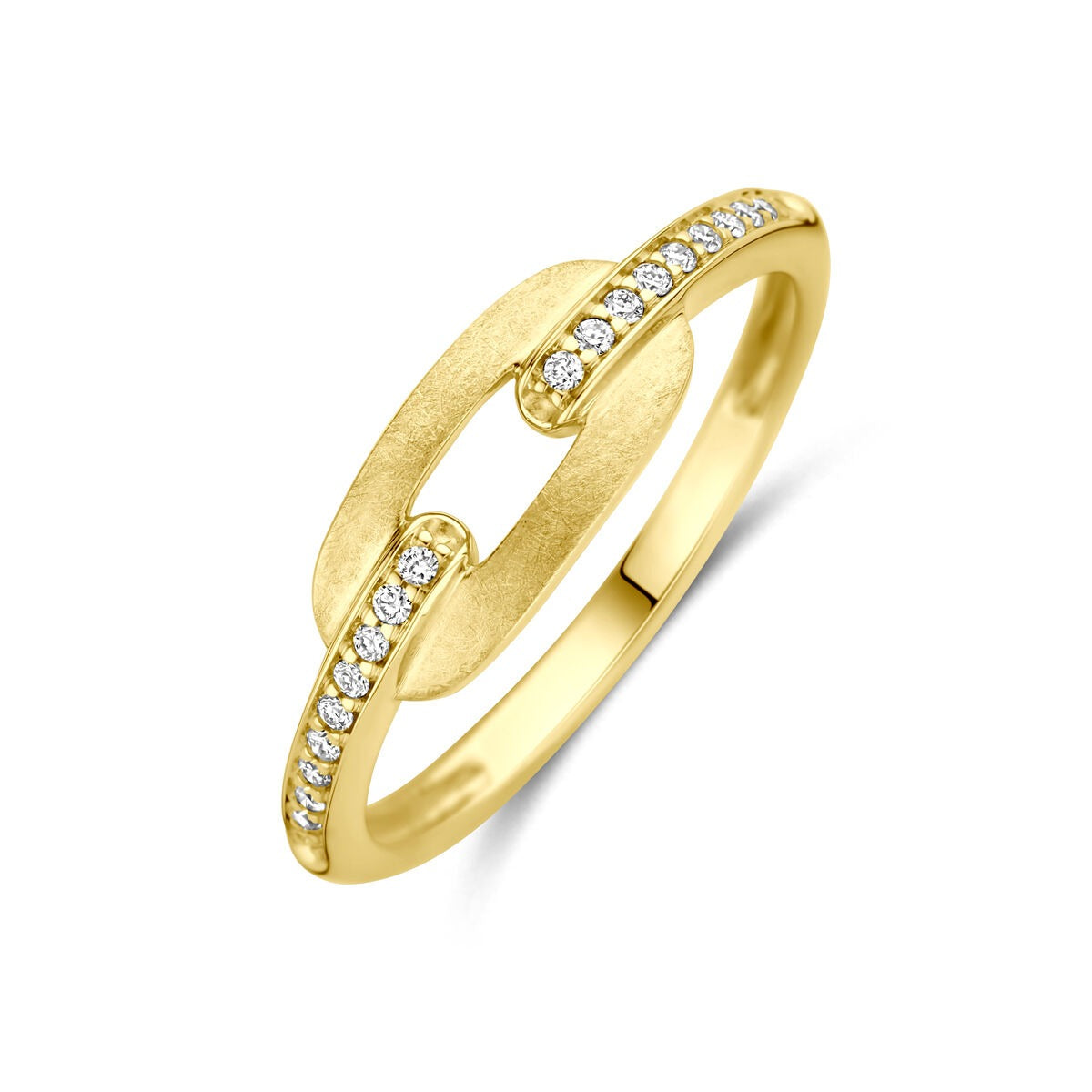 Anillo de oro amarillo de 14k con diamantes de 0.08ct, diseño entrelazado y acabado mate.