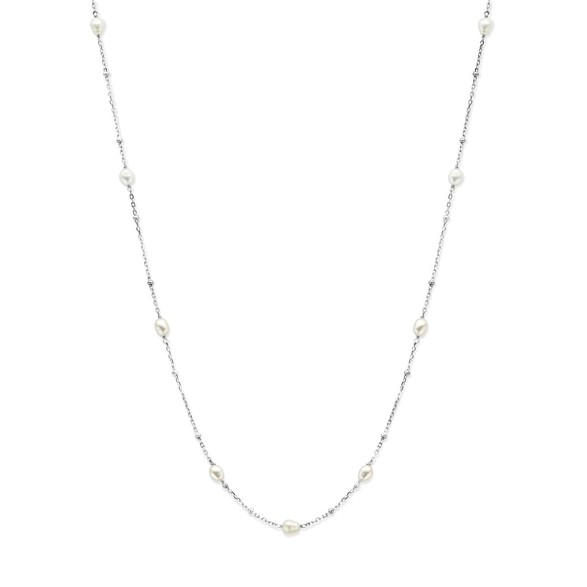 Collar de plata 925 rodiada con perlas blancas distribuidas a lo largo de la cadena.