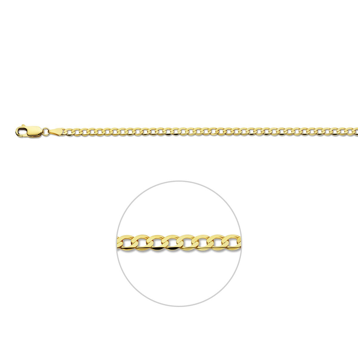 Pulsera gourmet de oro amarillo de 9 quilates, con eslabones de 3.3 mm y cierre de langosta.