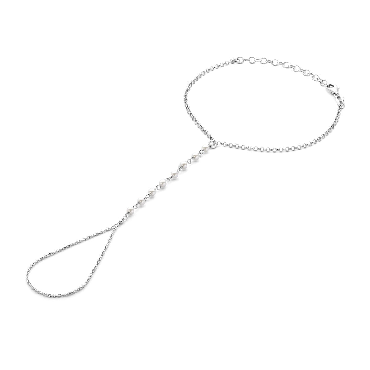 Pulsera de mano plateada con perlas y eslabones de ancla.