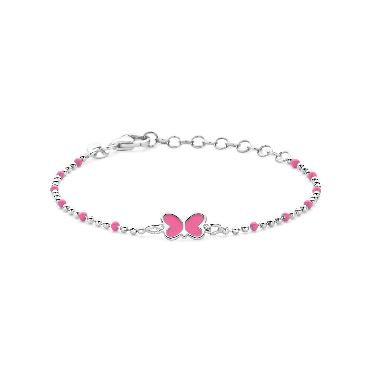 Pulsera infantil de plata 925 rodiada con mariposa rosa y detalles en cuentas.
