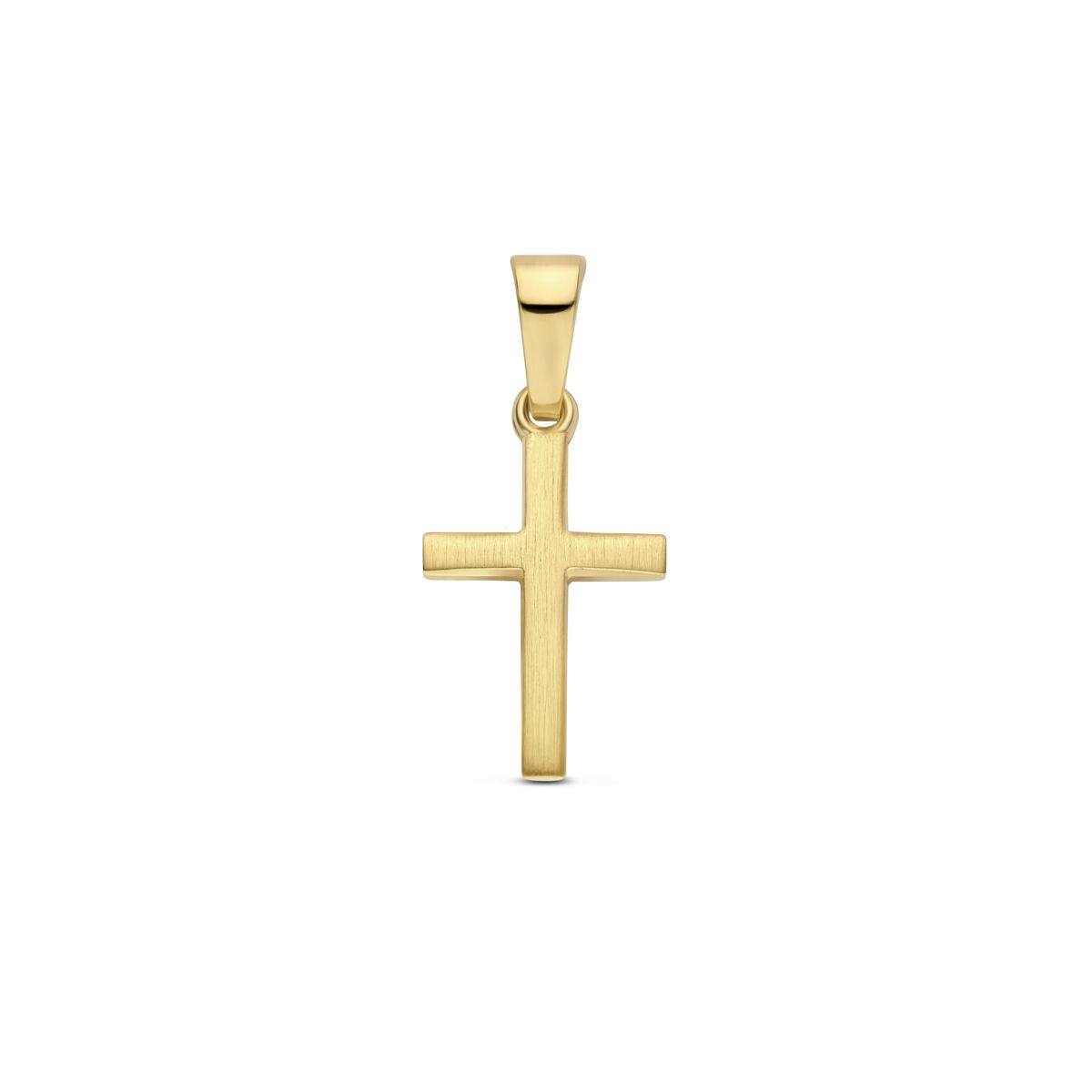 Colgante de cruz en oro amarillo de 14k, diseño minimalista y acabado pulido.