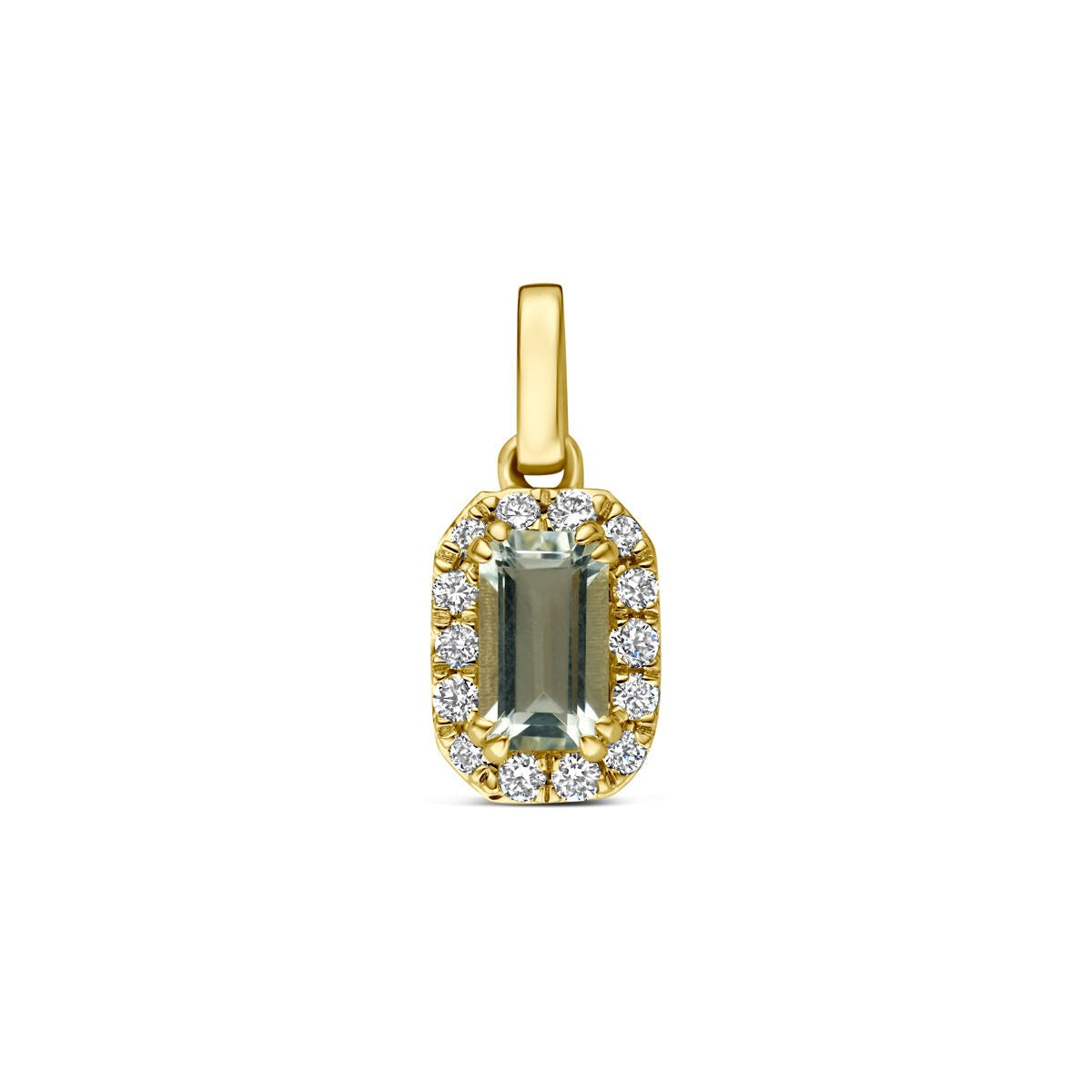 Colgante de oro amarillo de 14k con amatista verde y diamantes cultivados en laboratorio.