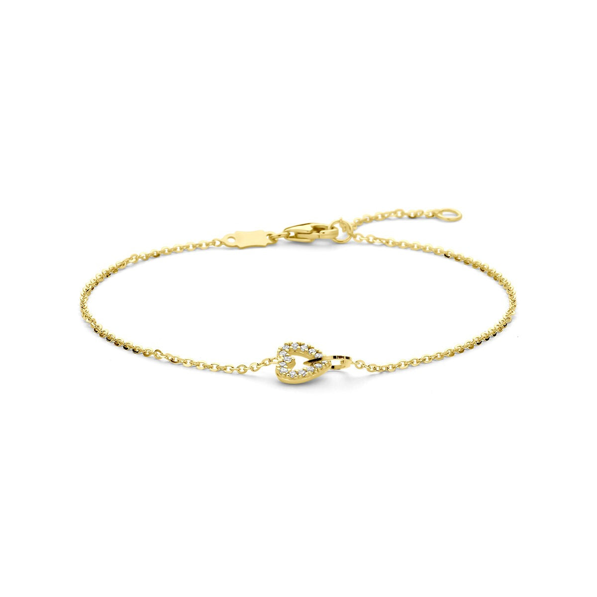 Pulsera de corazón en oro amarillo de 14k con zirconias brillantes.