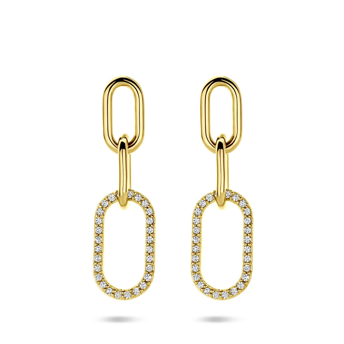 Pendientes largos de plata dorada con circonitas, forma ovalada y longitud de 30 mm.