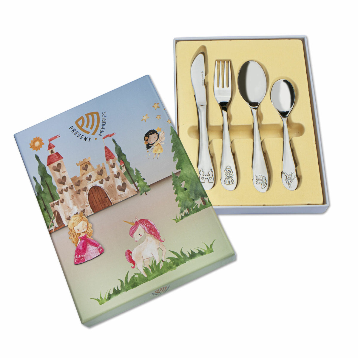 Set de cubiertos para niños de acero inoxidable con diseño de cuentos de hadas, incluye cuchillo, tenedor y cucharas.