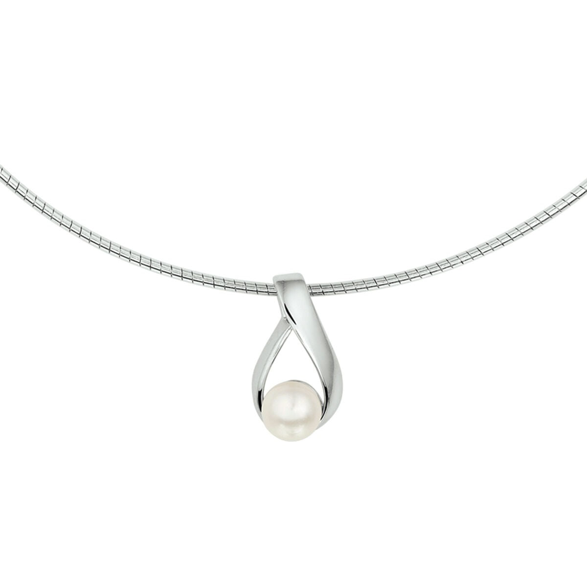 Collar de plata rhodium con un colgante en forma de lágrima y una perla blanca.