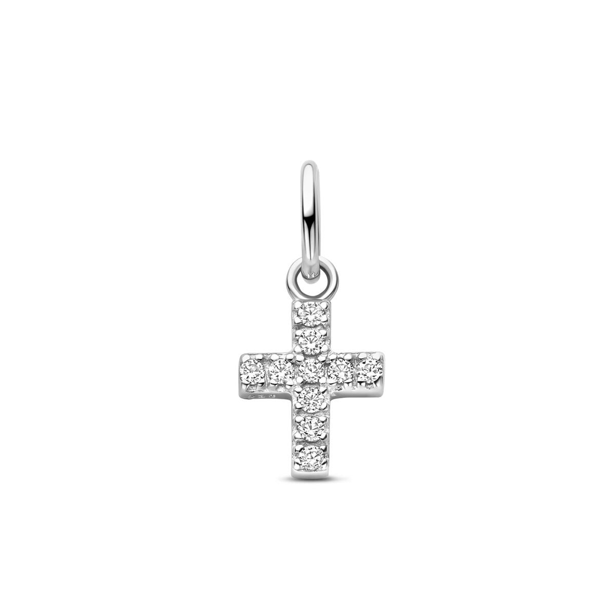 Colgante en forma de cruz de plata con circonitas, mide 15,5 mm.
