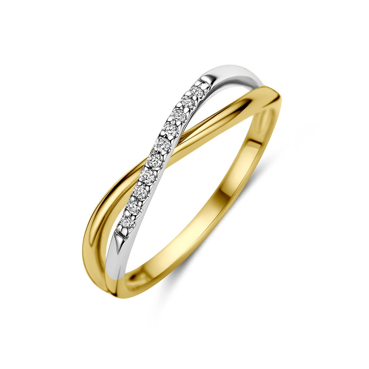 Anillo bicolor de oro de 14k con diamantes en una línea diagonal.