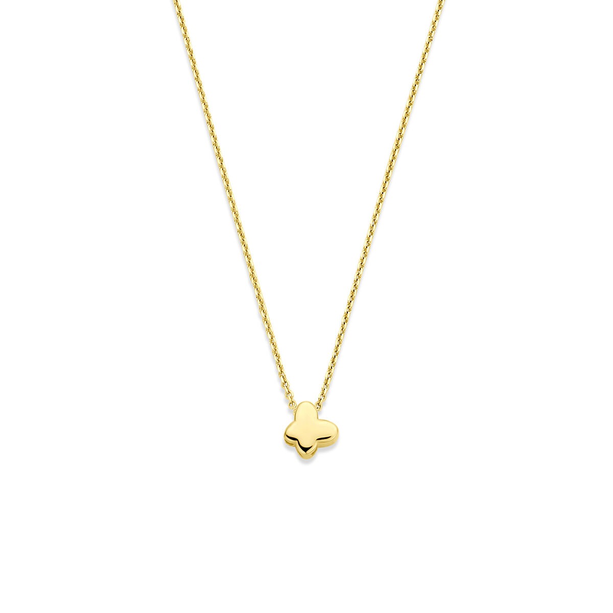 Geelgouden ketting met een eenvoudige vlinderhanger, fijn en minimalistisch ontwerp.
