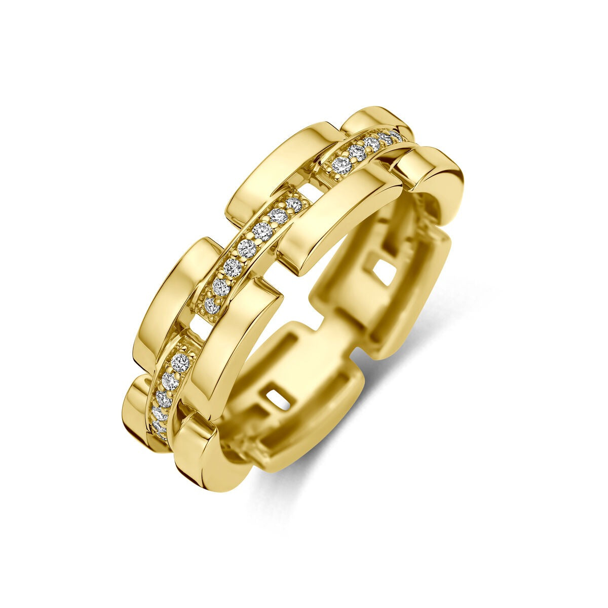 Anillo de oro amarillo de 14k con diamantes en un diseño moderno y brillante.