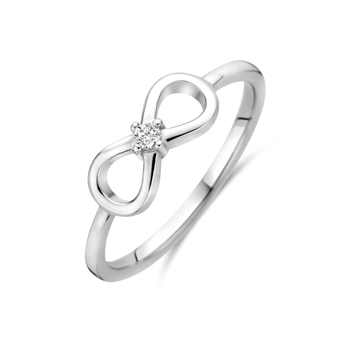 Anillo de plata 925 rodiada con diseño de infinito y circonitas brillantes.