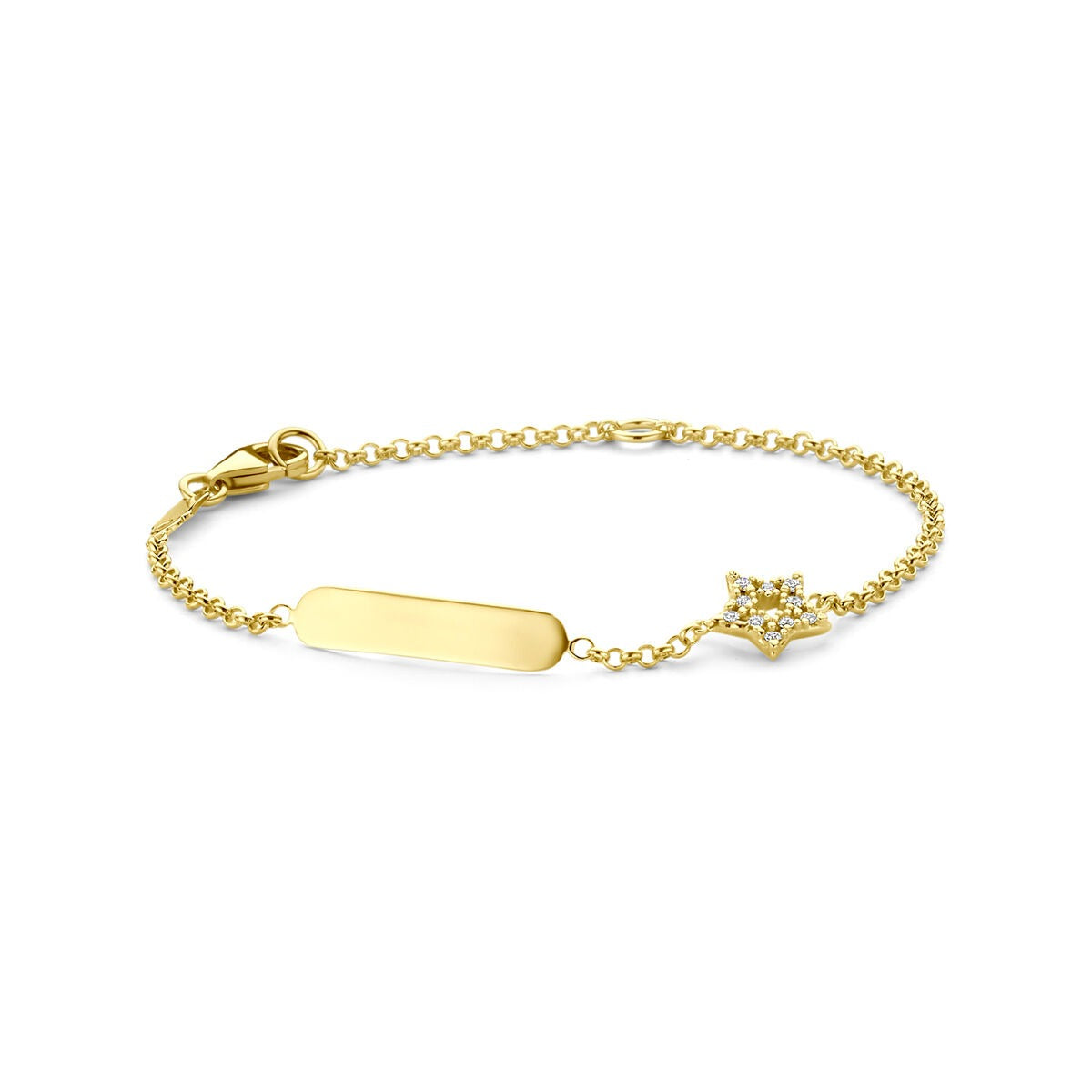 Pulsera de oro amarillo de 14k con grabado, estrella y circonitas.