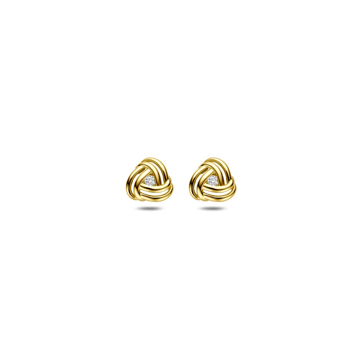 Pendientes de oro amarillo de 14k con zircón en engaste chatón, con diseño entrelazado.
