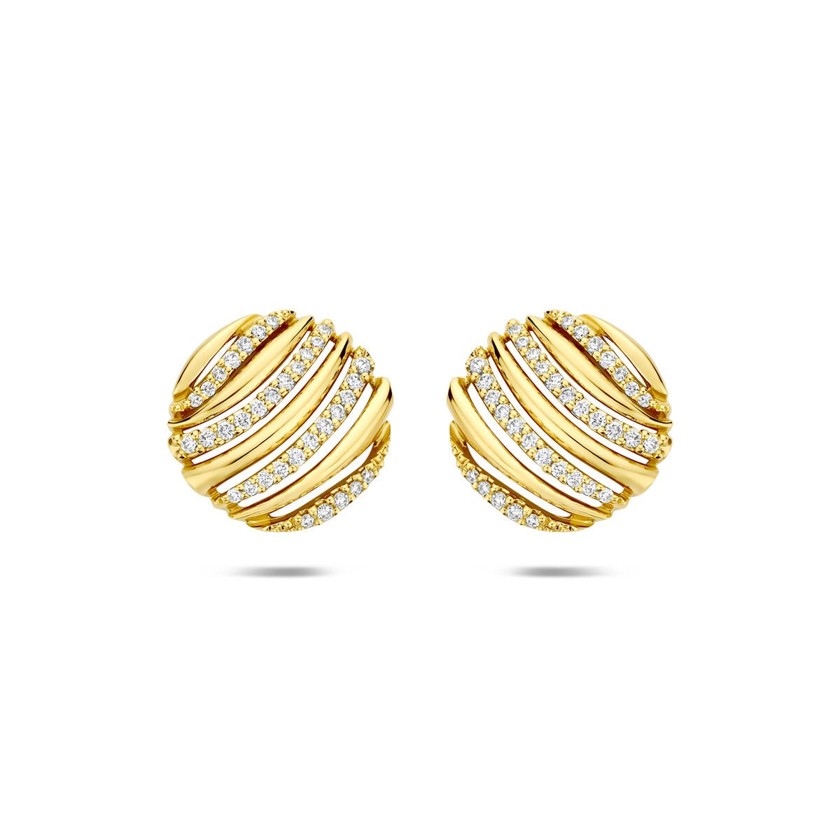 Pendientes de oro amarillo de 14k con diamantes de 0.20ct, diseño redondo y estriado.