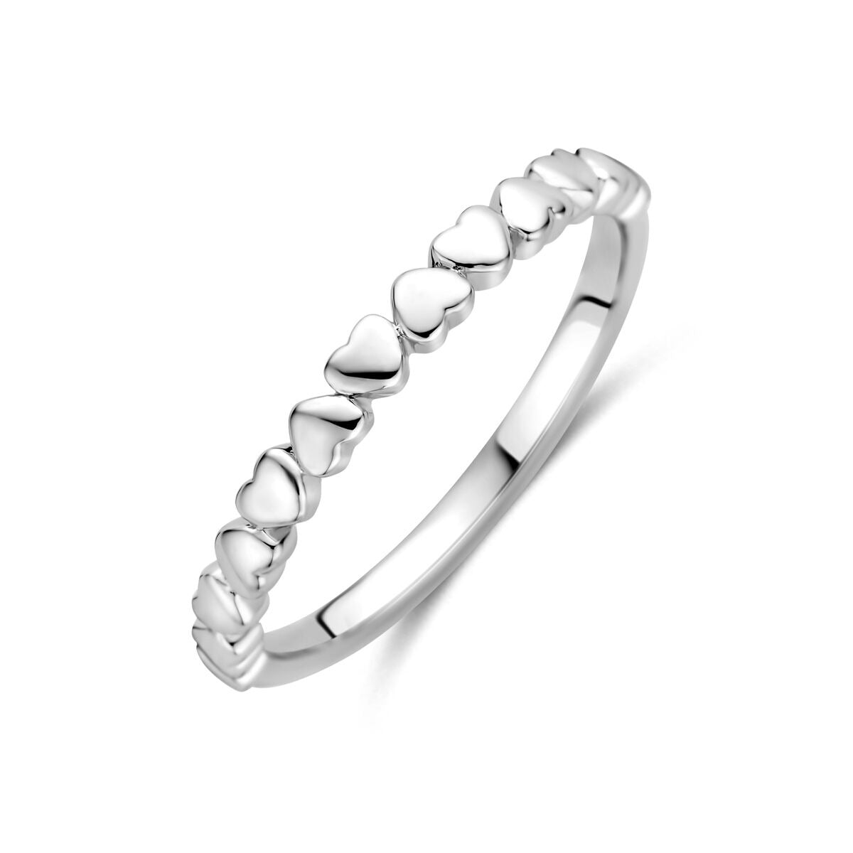 Anillo de plata 925 rodiada con forma de corazones en todo su contorno.