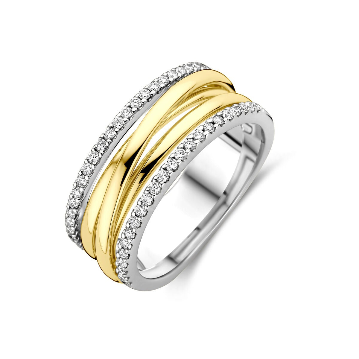 Anillo bicolor de oro de 14k con diamantes, con bandas doradas y plateadas.