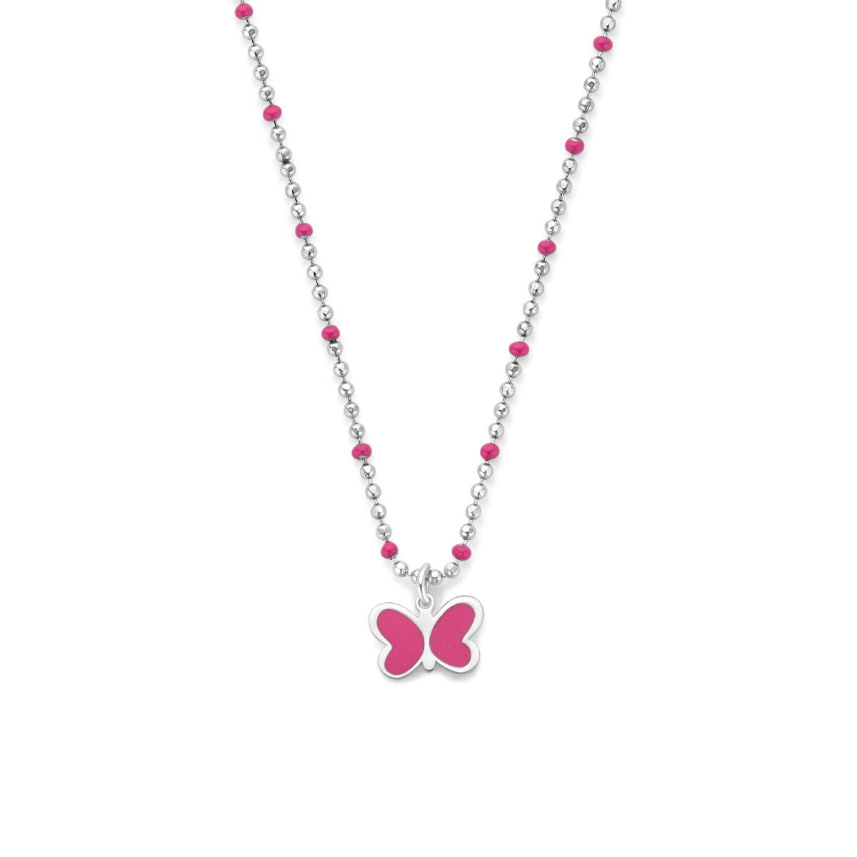 Collar infantil de plata 925 rodiada con colgante de mariposa rosa y cuentas decorativas.